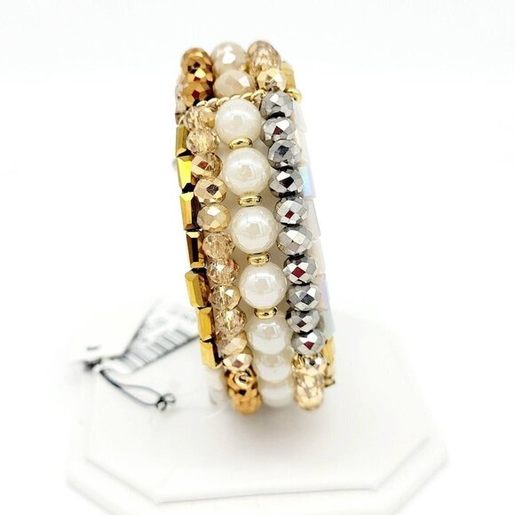 INC 5 Strand Open Memory Wire Bracelet Faceted Crystals Gold & Neutral Tones NWT - Picture 4 of 10